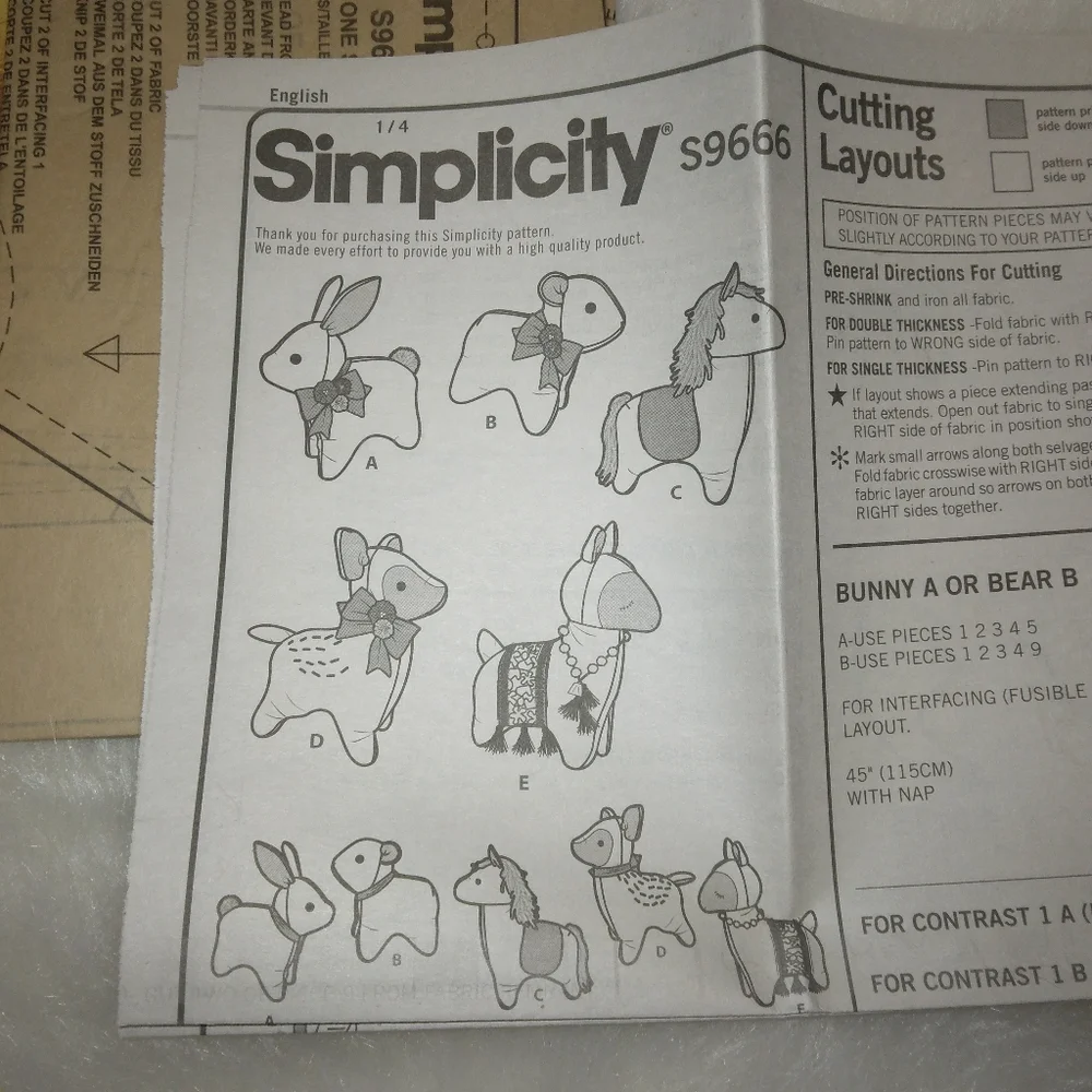 Simplicity 9666 Plush Animal Dolls Bunny Bear Pony Deer Alpaca